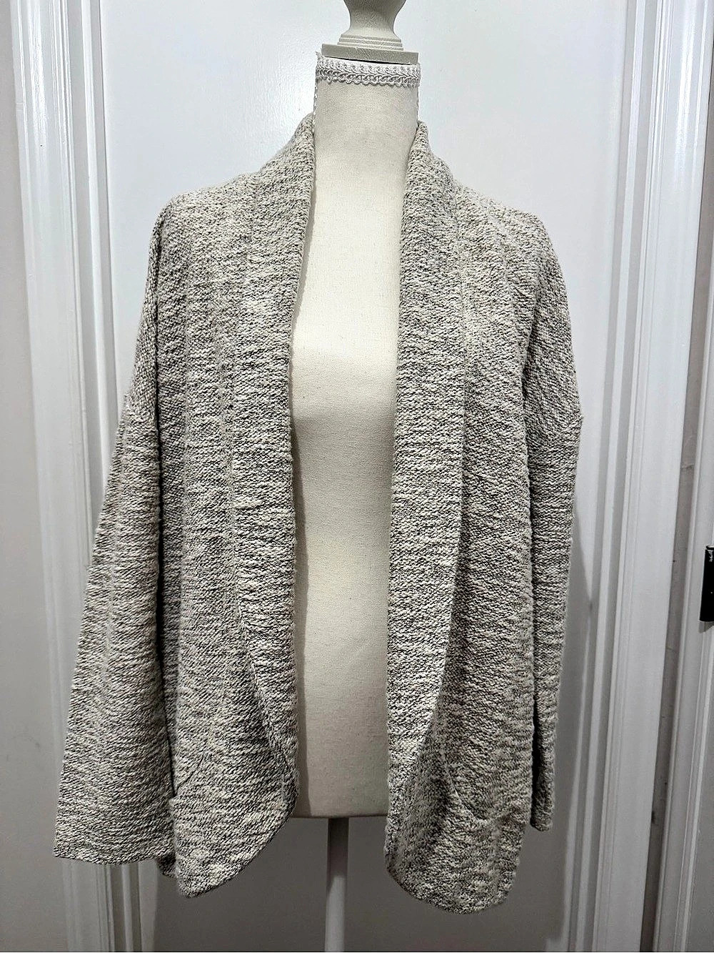 Talbots Petite Shawl Collar Cardigan Open Front Gold Metallic Marled Knit Size L